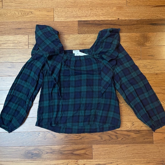 NWT J. Crew Square-Neck Black Watch Plaid Flannel Ruffle Top Size Small - Picture 3 of 8